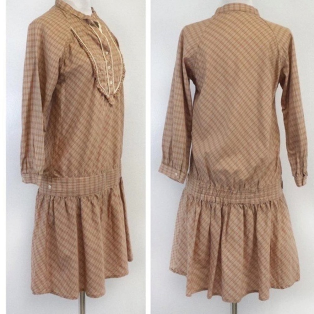 Edun Dress Plaid Drop Waist Tan White Cotton Long Sleeve cottagecore prairie XS